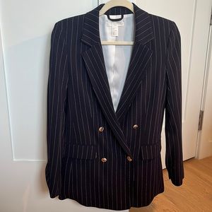 Navy pinstriped blazer with gold button detailing